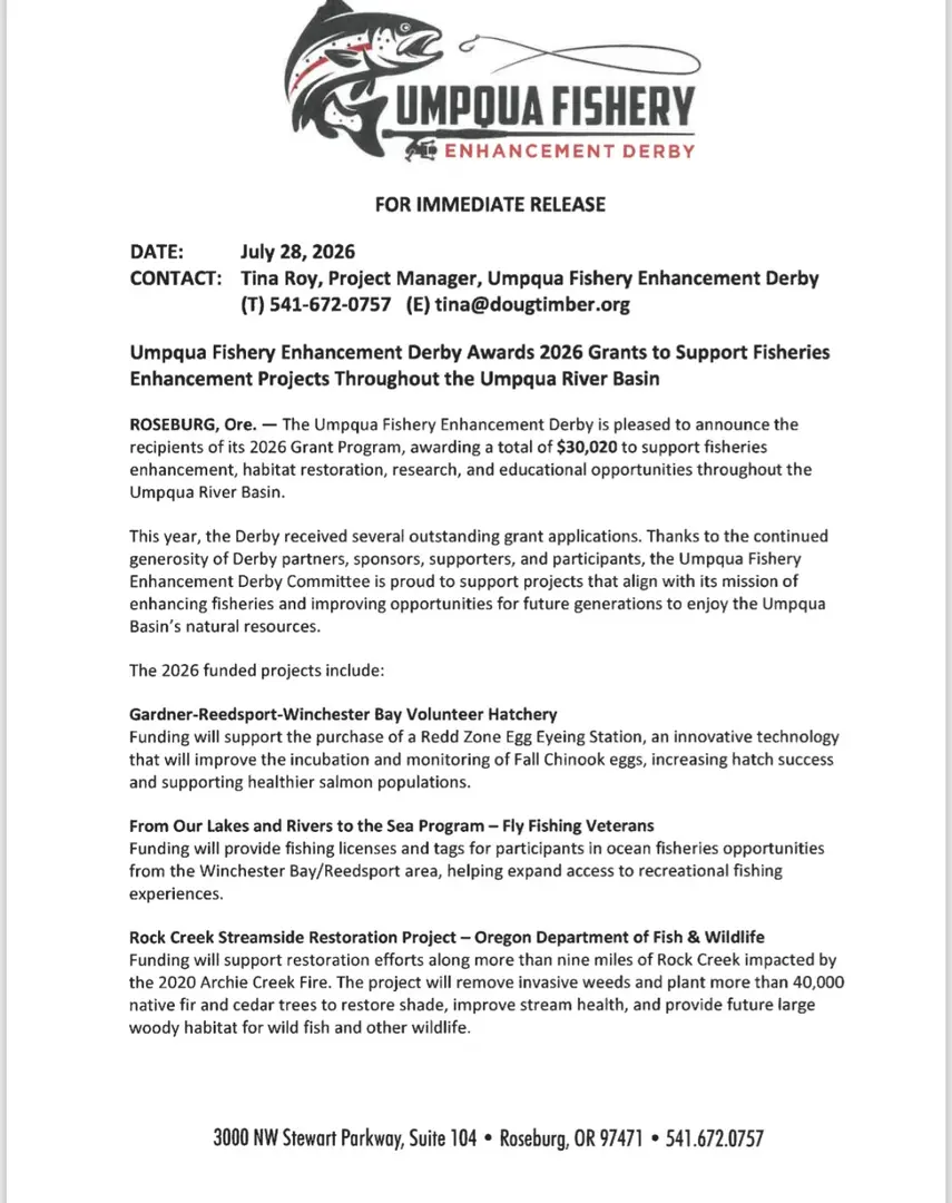 2026 Umpqua Fishery Enhancement Derby Grants