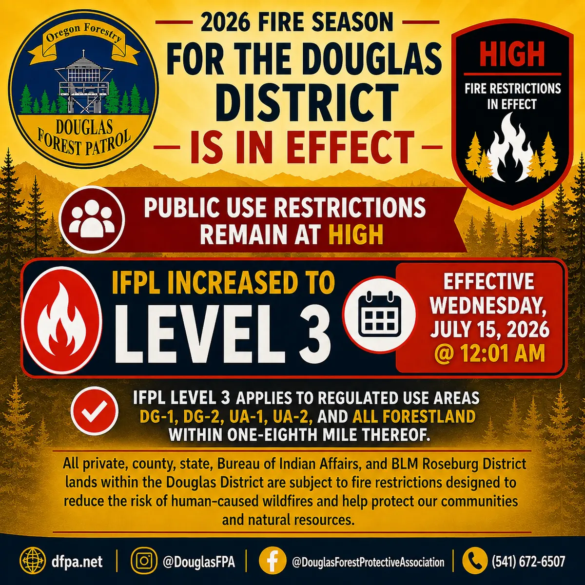 Douglas Forest Protective Association Raises Fire Precaution to Level 3 July 15