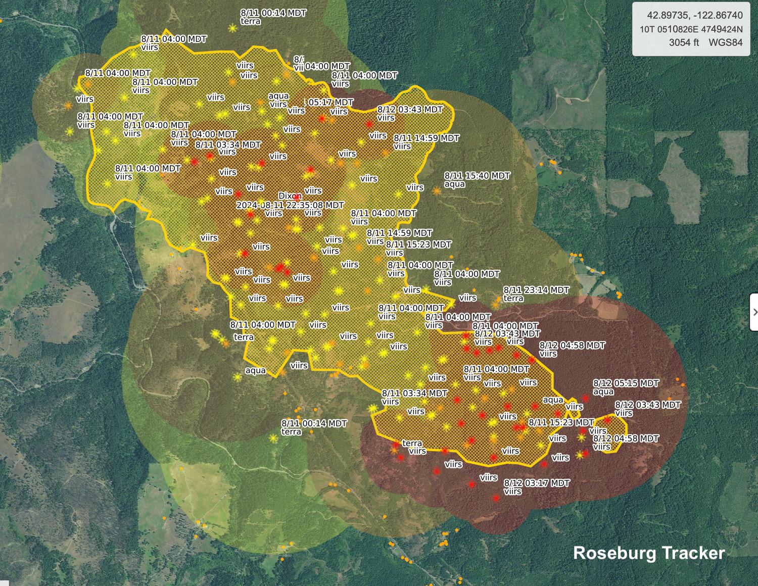 Dixon Fire Map as of Monday Morning August 12 — Roseburg Tracker