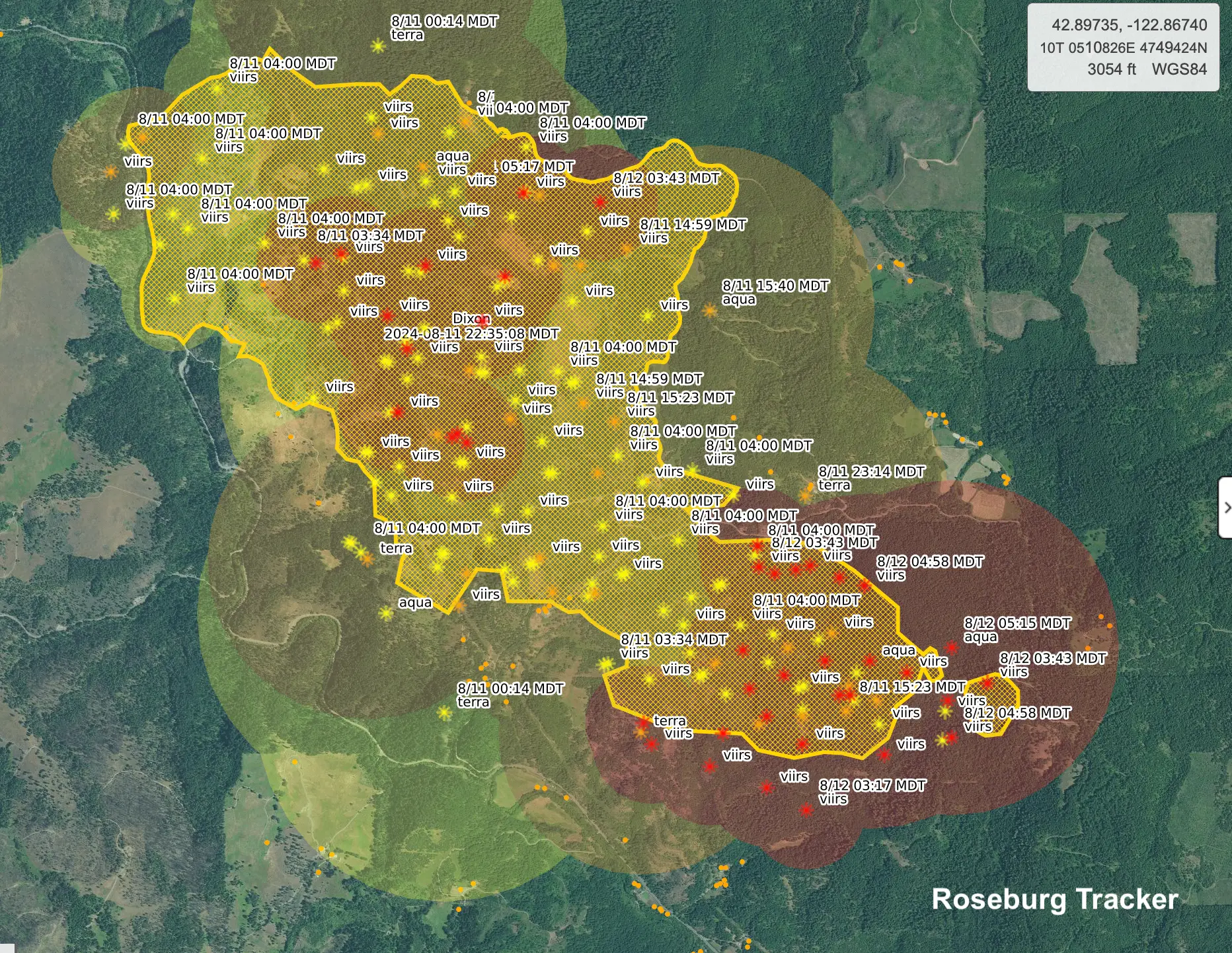 Dixon Fire Map as of Monday Morning August 12 — Roseburg Tracker